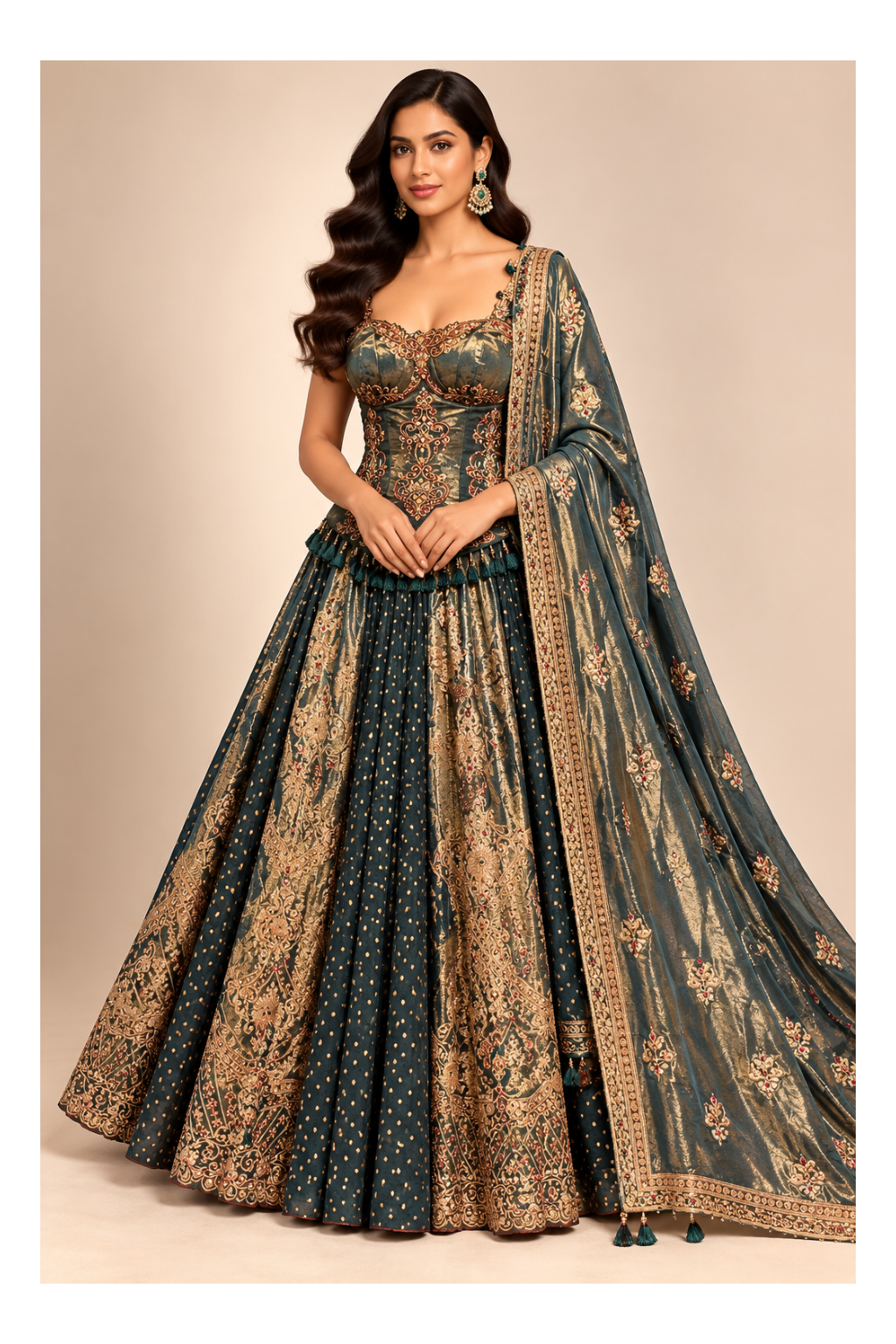 Deep Teal-Green Brocade Corset Peplum, Kalidar Lehenga