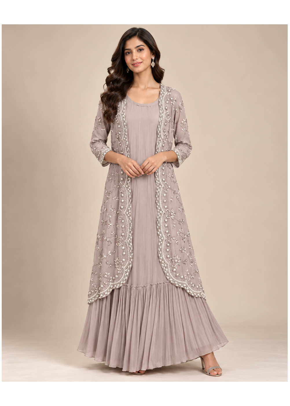 Elegant Mauve Floral Embroidered Jacket Gown
