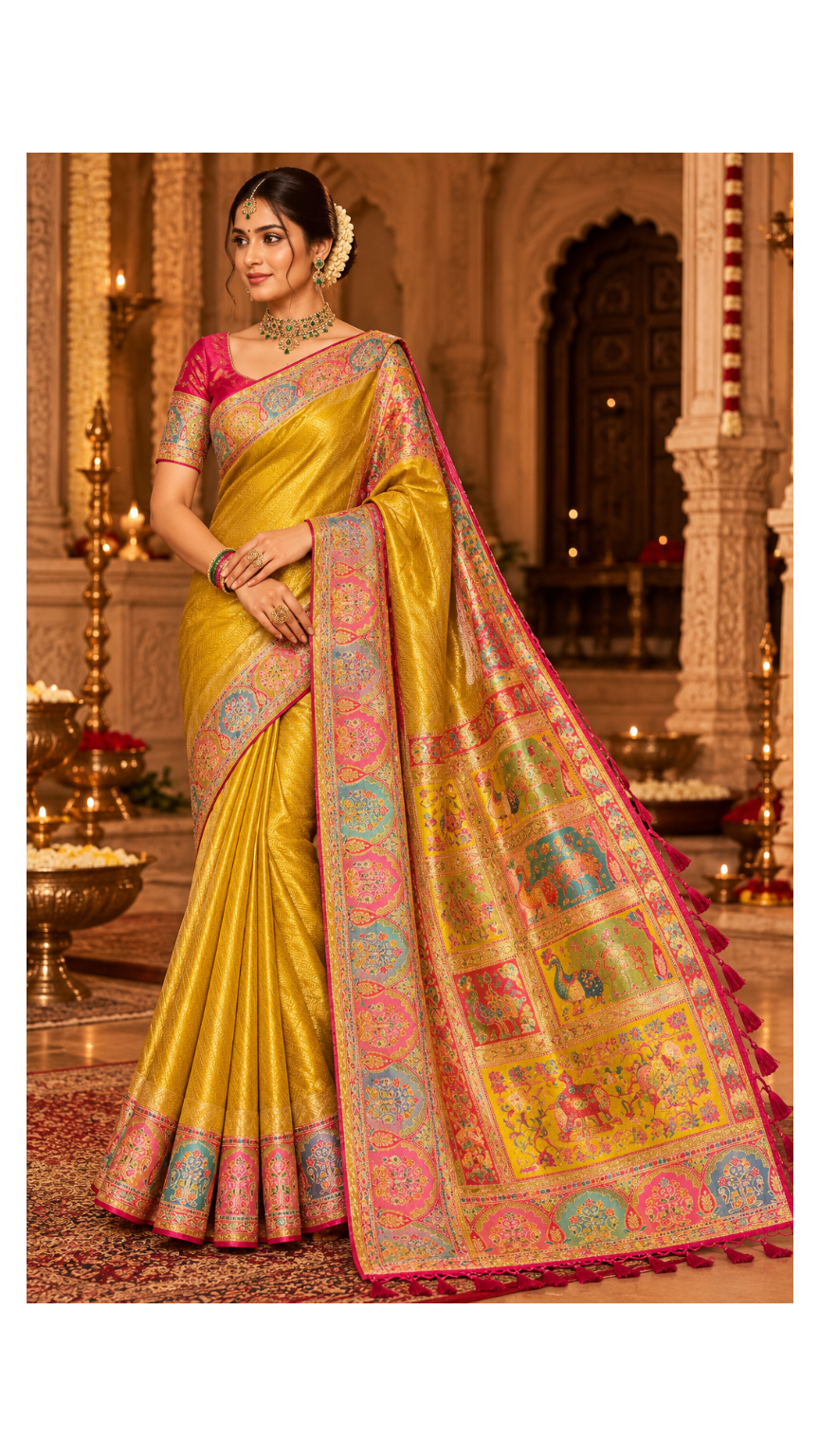 Golden Yellow Heritage Woven Saree with Rani Pink Border Main image