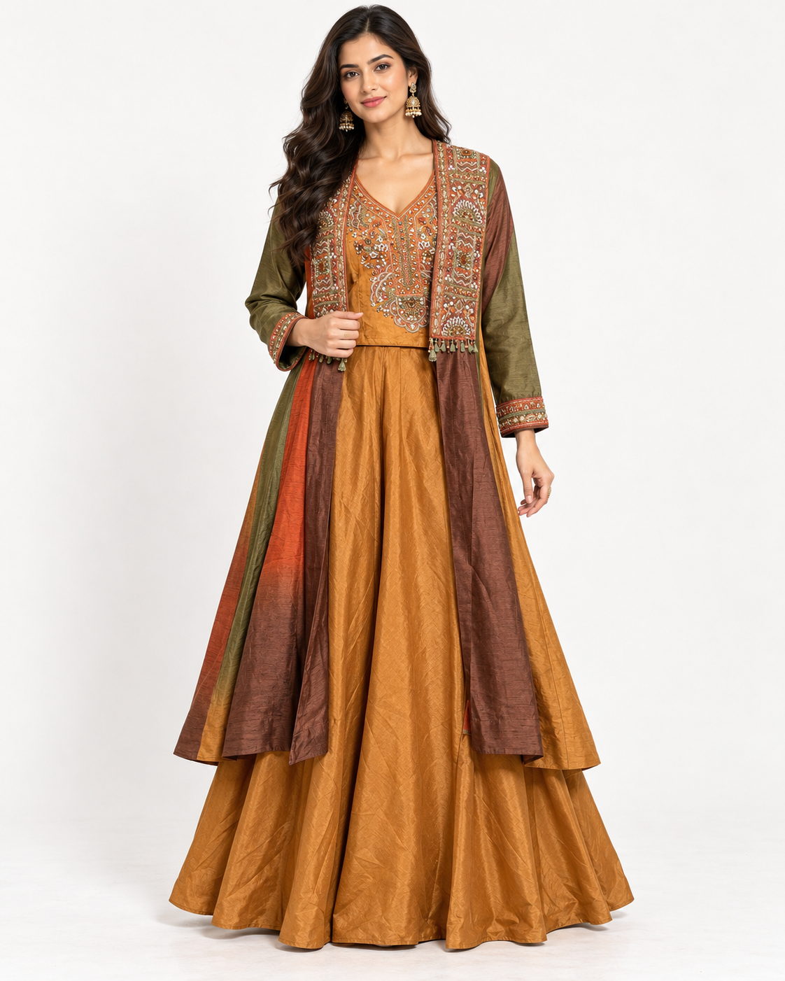 Mustard Embroidered Silk Skirt Jacket Ensemble