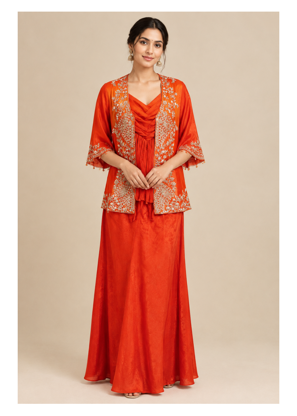 Burnt Orange Indo-Western Skirt Set with Embroidered Cape Jacket