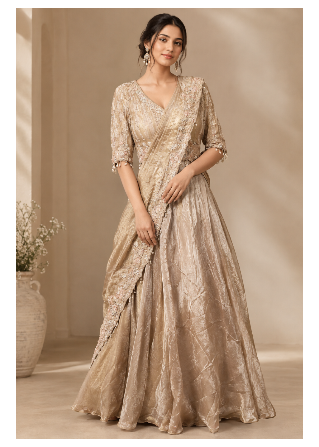 Champagne Metallic Tissue Lehenga Main image