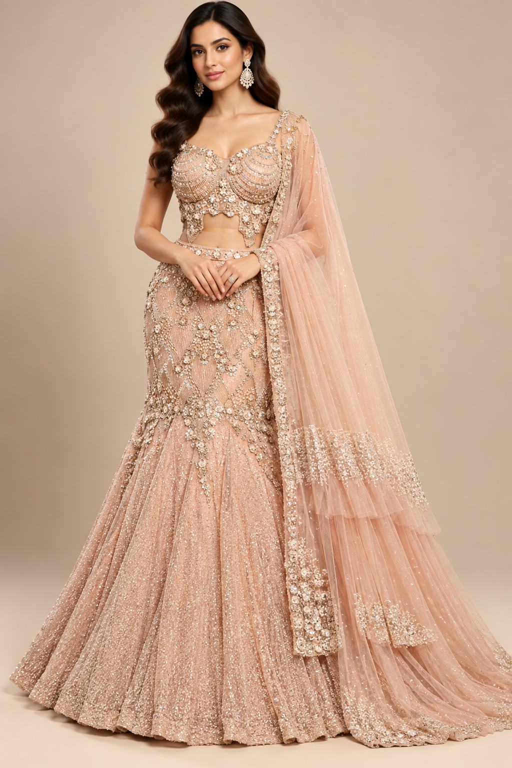 Blush Peach Heavily Embellished Mermaid Lehenga Set with Ruffled Dupatta