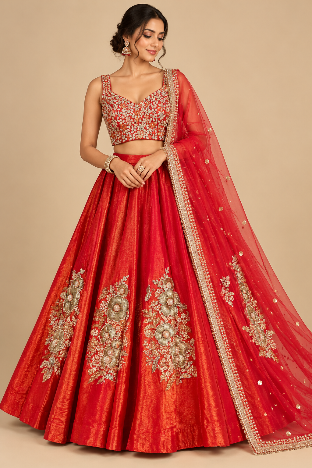Scarlet Red Hand-Embroidered Raw Silk Kalidar Lehenga Choli Set with Embellished Net Dupatta