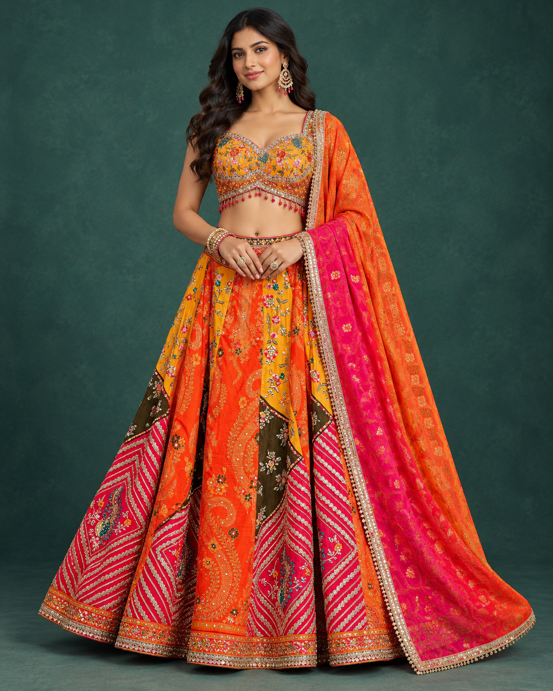 Multicolor Bandhani Patchwork Silk Bridal Lehenga