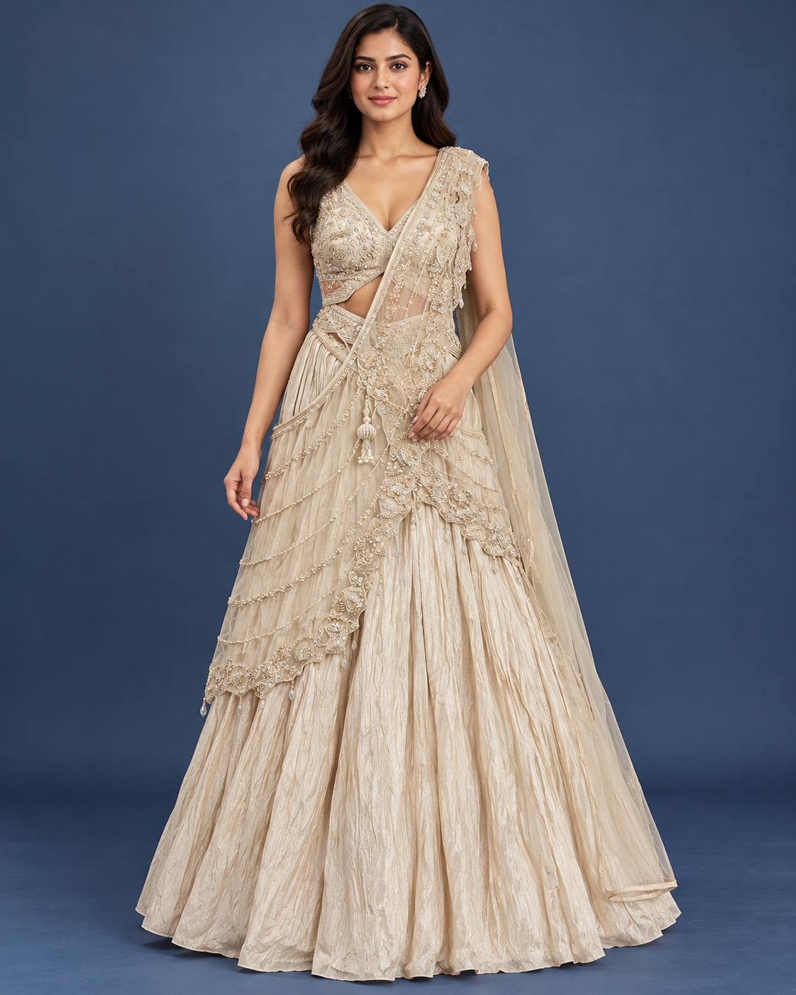 Champagne Gold Pre-Draped Saree Lehenga Main image