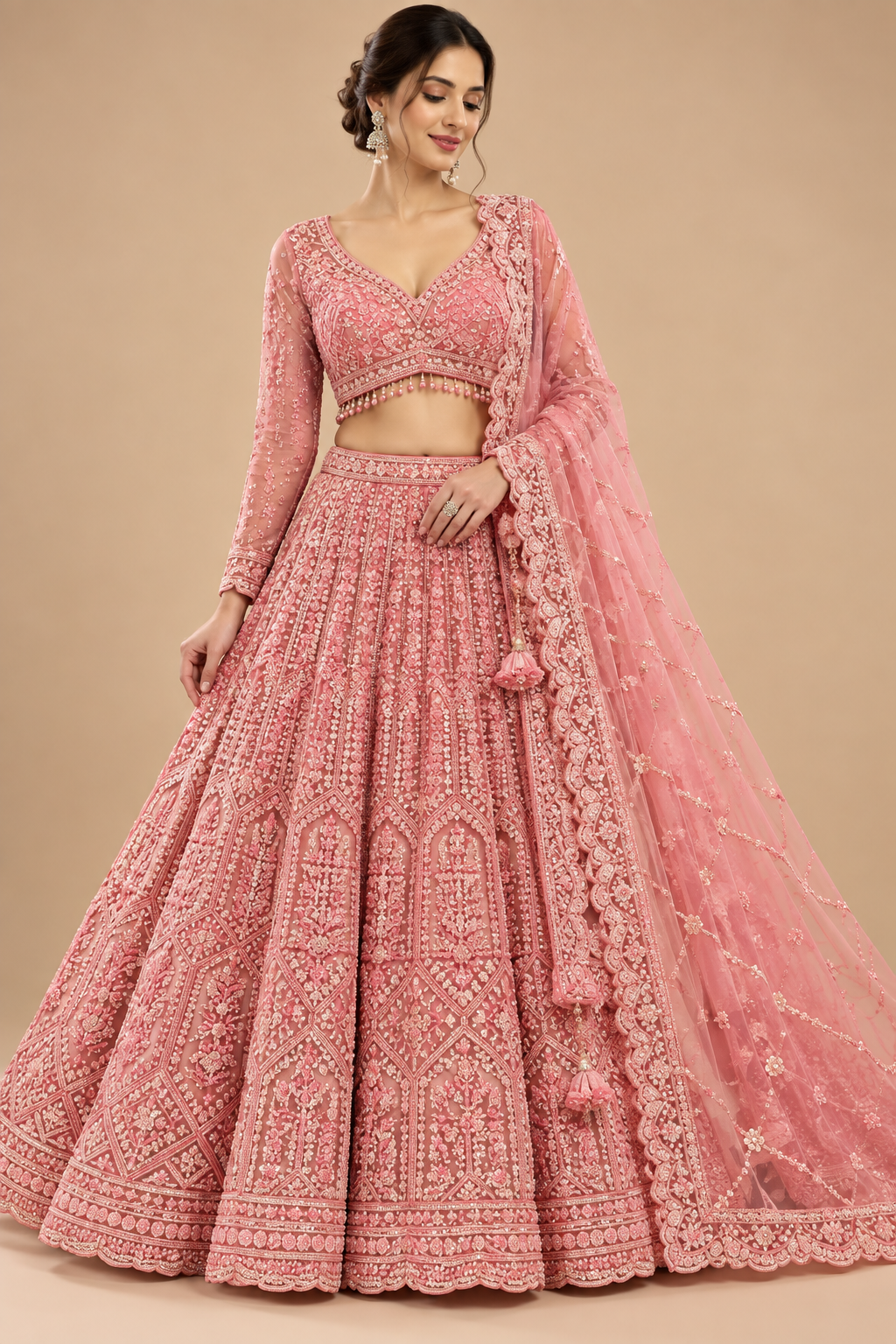 Blush Rose-Pink Embroidered Full-Sleeve Bridal Lehenga Choli Set