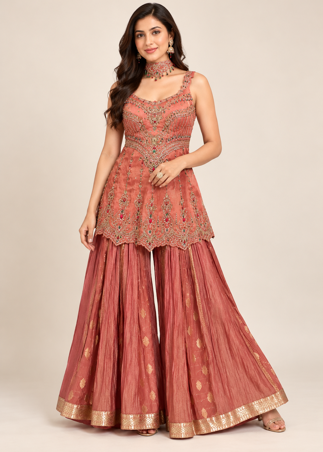 Rust Peach Embroidered Peplum Sharara Set