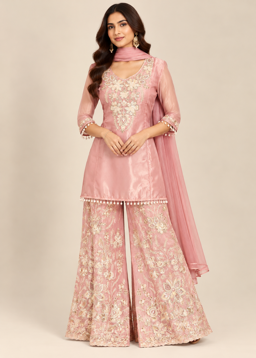 Blush-Pink Sheer Organza Embroidered Tunic, Flared Sharara