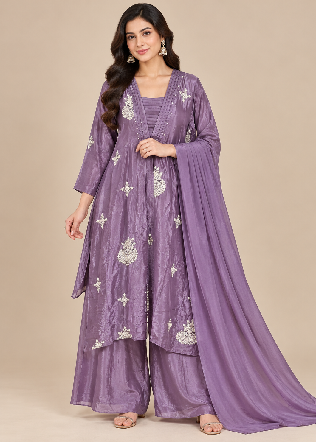 Dusty Lavender Embroidered Silk Palazzo Set Main image