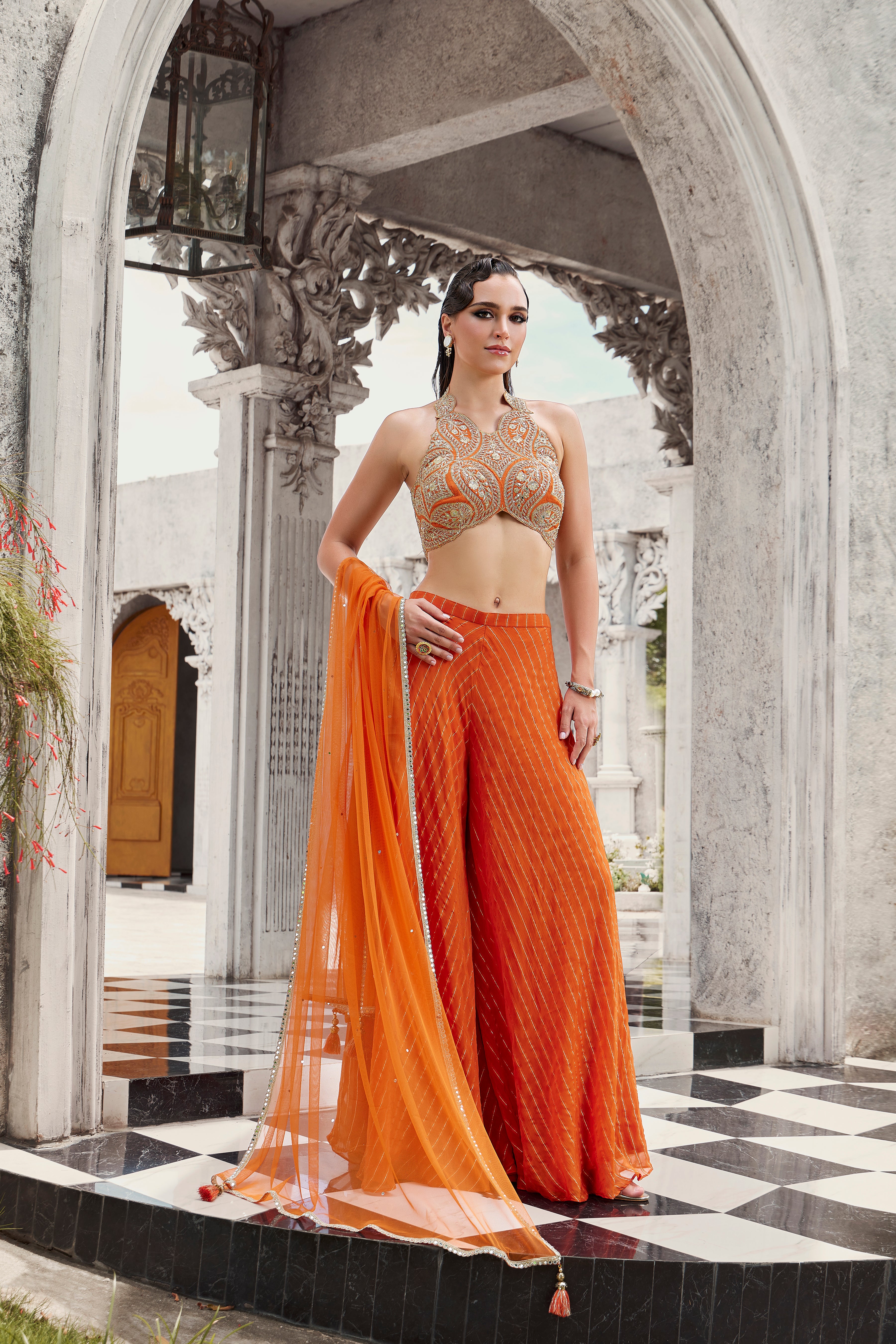 Vibrant Orange Halter Top and Palazzo Set with Sequin Work (LEELA M-24)