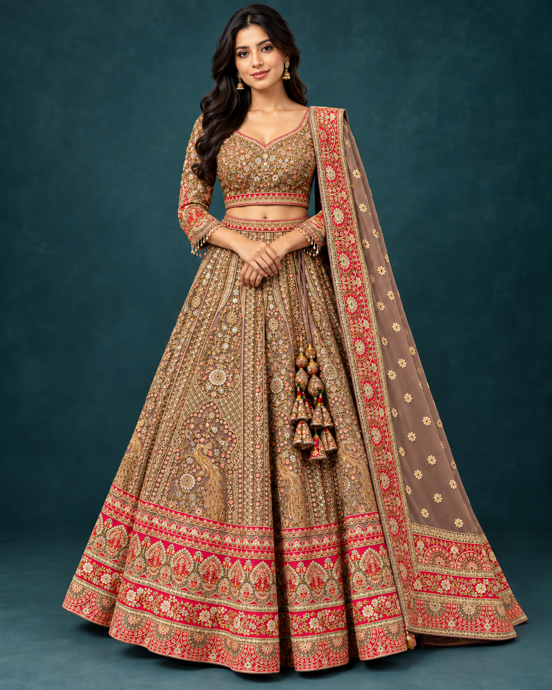 Muted Taupe Embroidered Heritage Bridal Lehenga