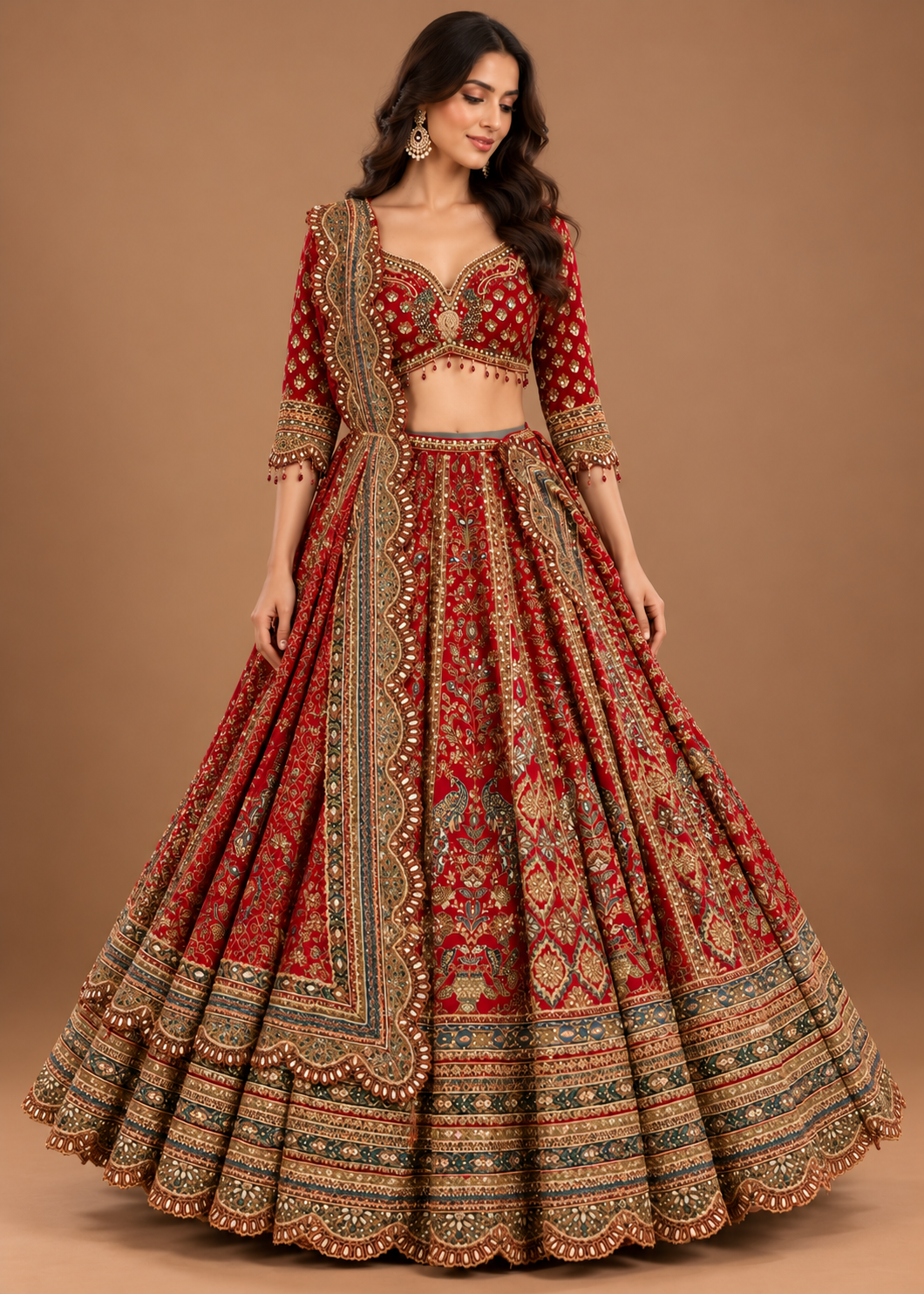 Crimson Red Embroidered Silk Bridal Lehenga