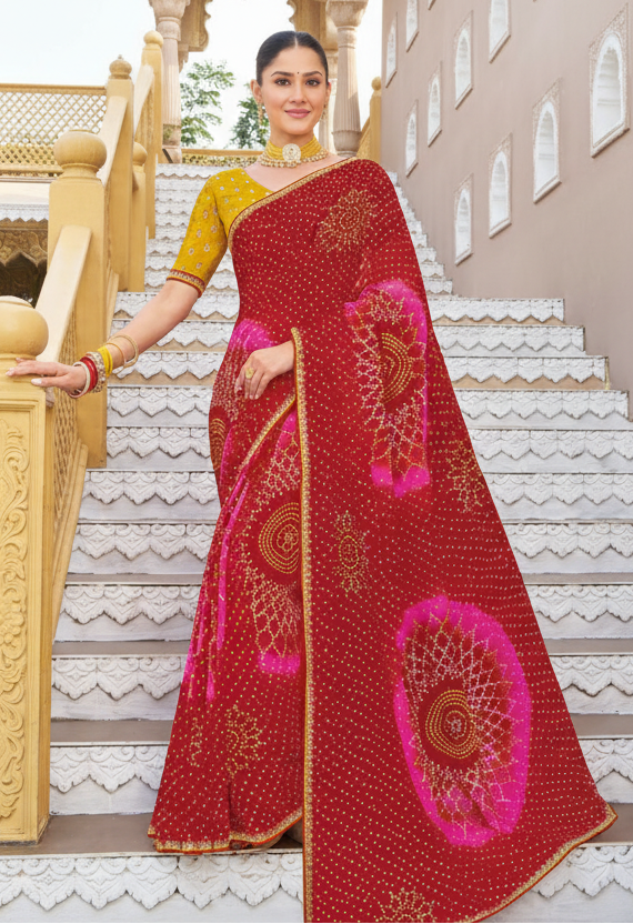 Pink Traditional Bandhani Print Saree