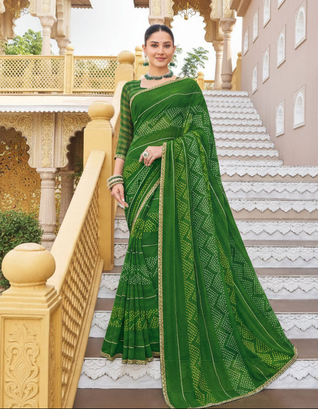 Elegant Green Bandhani Print Saree Main image