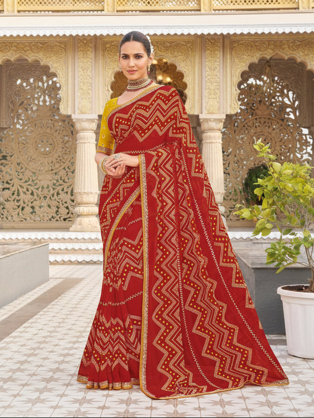 Red Leheriya & Bandhani Print Saree