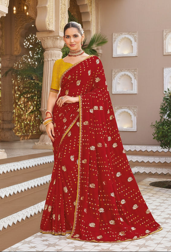 Elegant Crimson Red Bandhani Print Saree