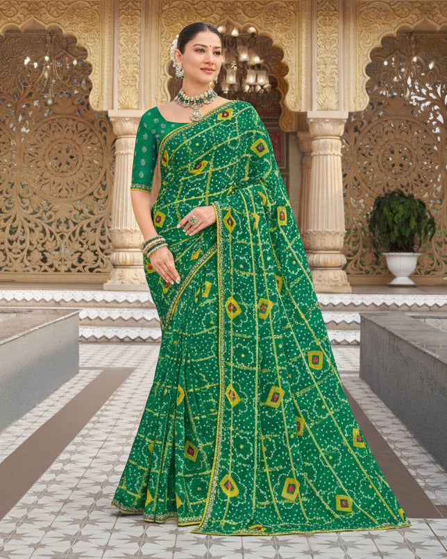 Emerald Green Bandhani Print Chanderi Saree