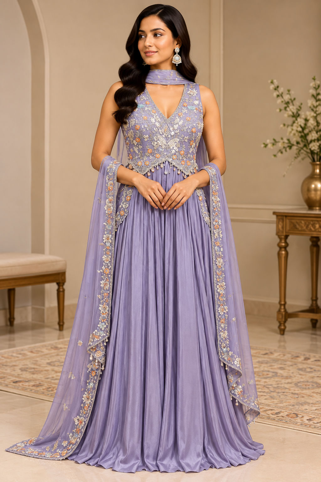 Lavender Floral Embroidered Designer Gown Set