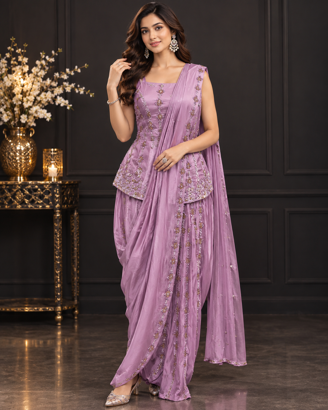 Elegant Mauve Embellished Designer Drape Saree