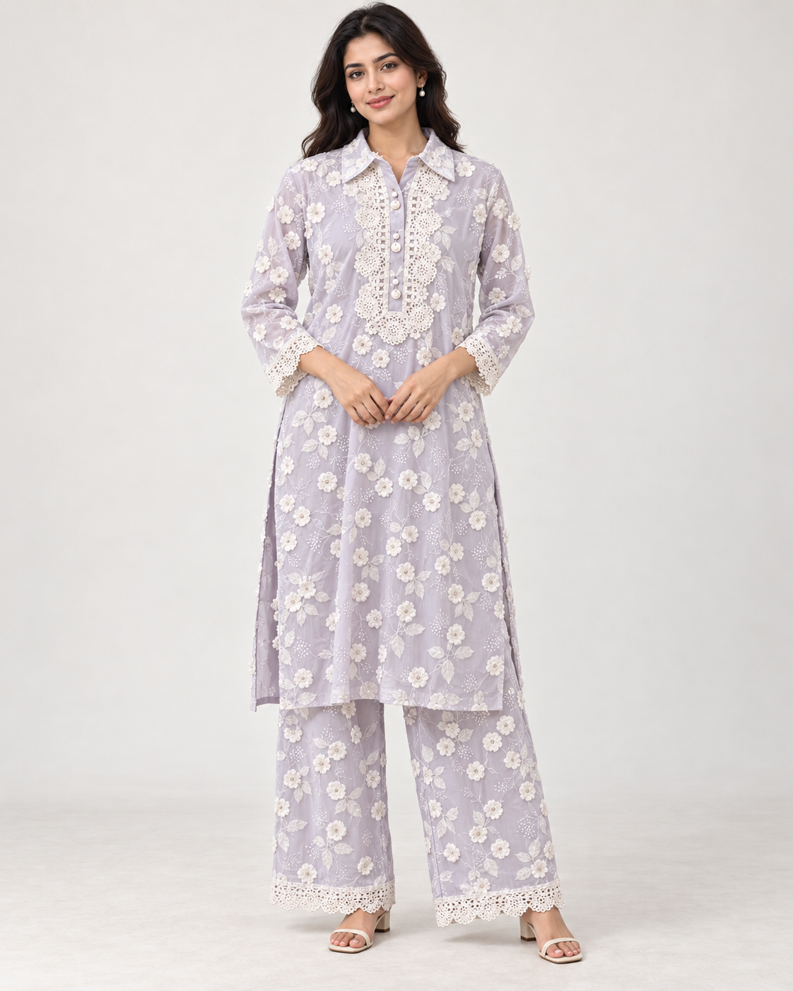 Lavender Floral Embroidered Kurti Palazzo Set
