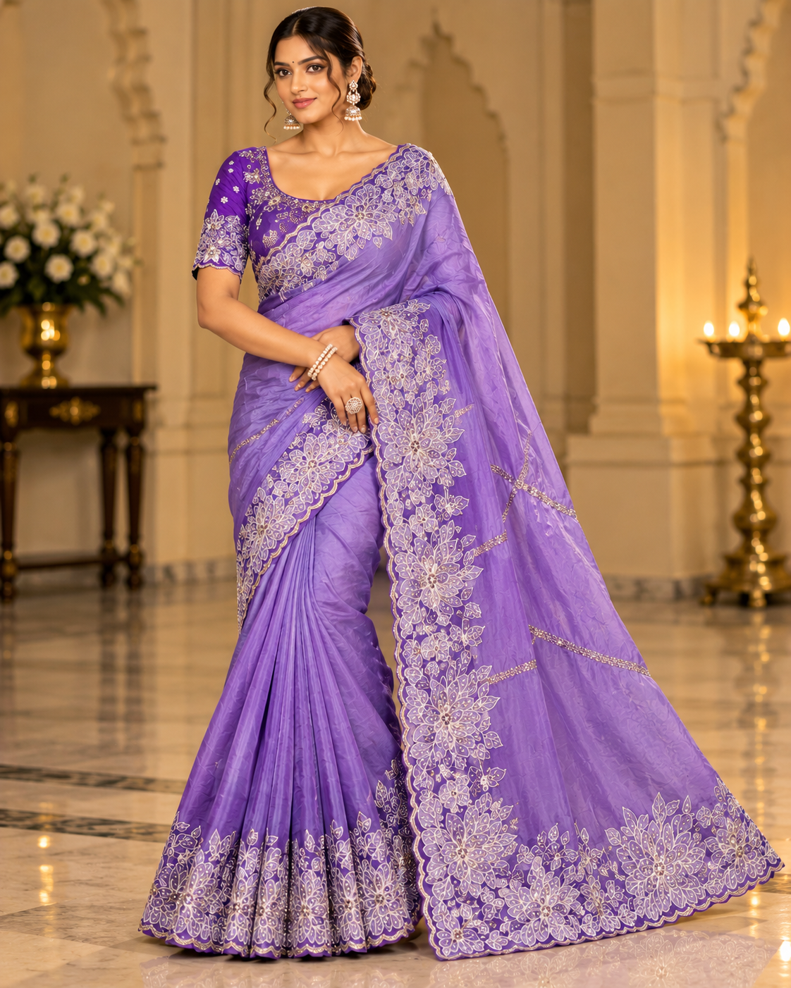 Elegent Lavender Floral Embroidered Saree