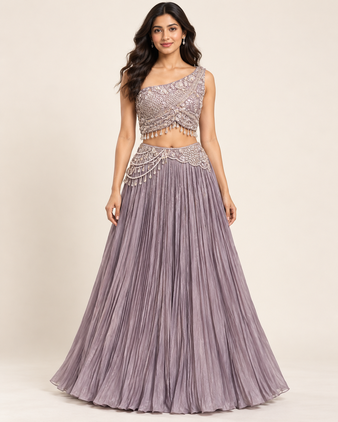 Lavender Embellished One Shoulder Lehenga Set