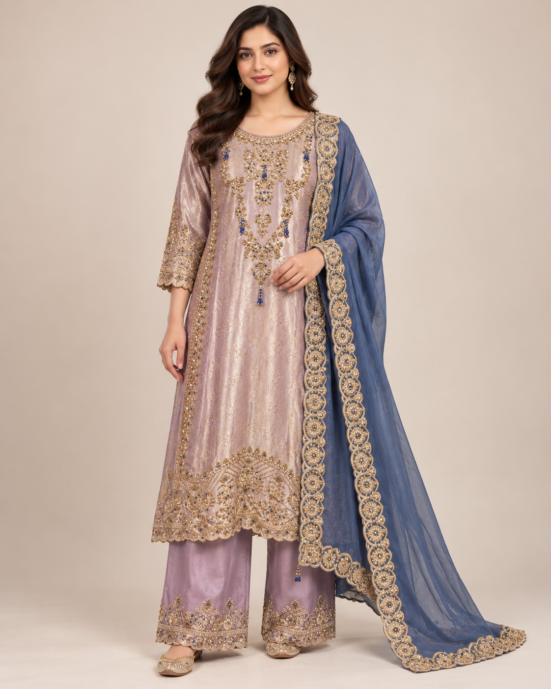 Dusty Lavender and Slate Blue Embellished Suit Set