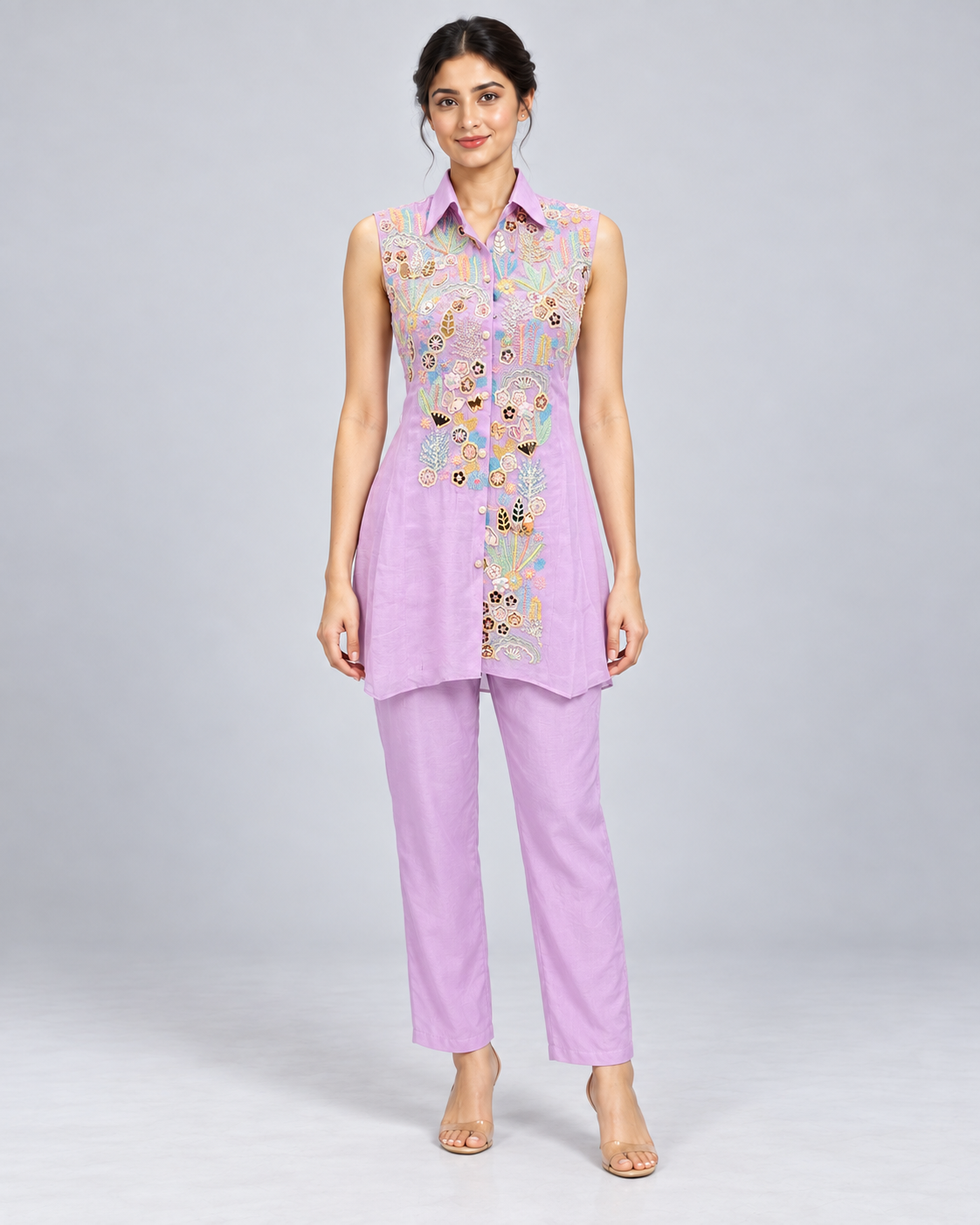 Lavender Floral Embroidered Pant Suit