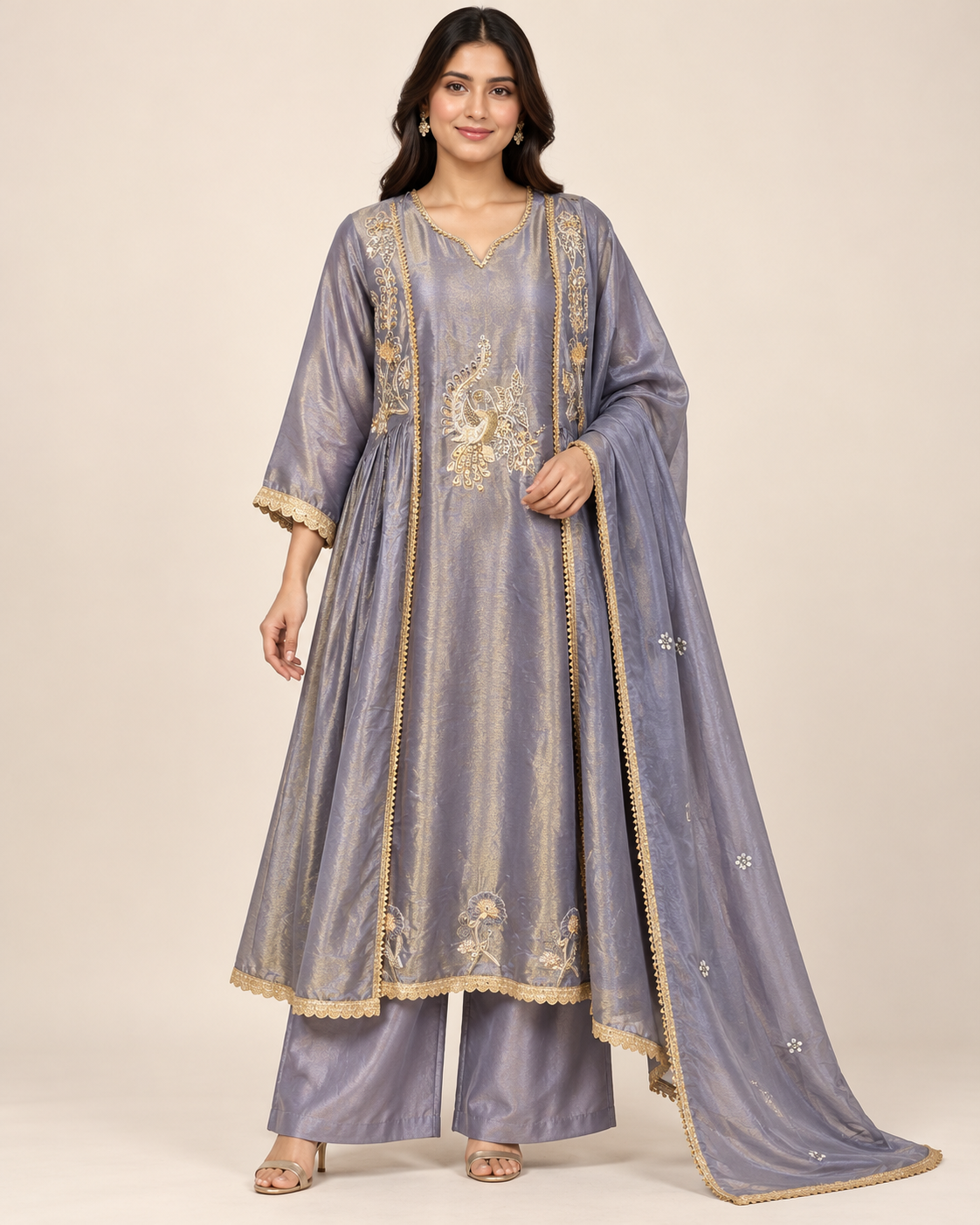 Grey Peacock Embroidered Palazzo Suit Set Main image