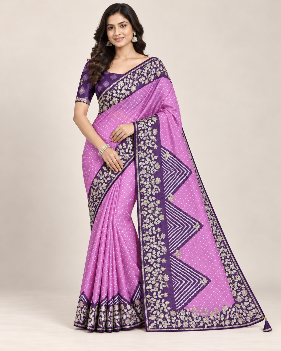 Lilac Pink Saree with Purple Floral Border Main image