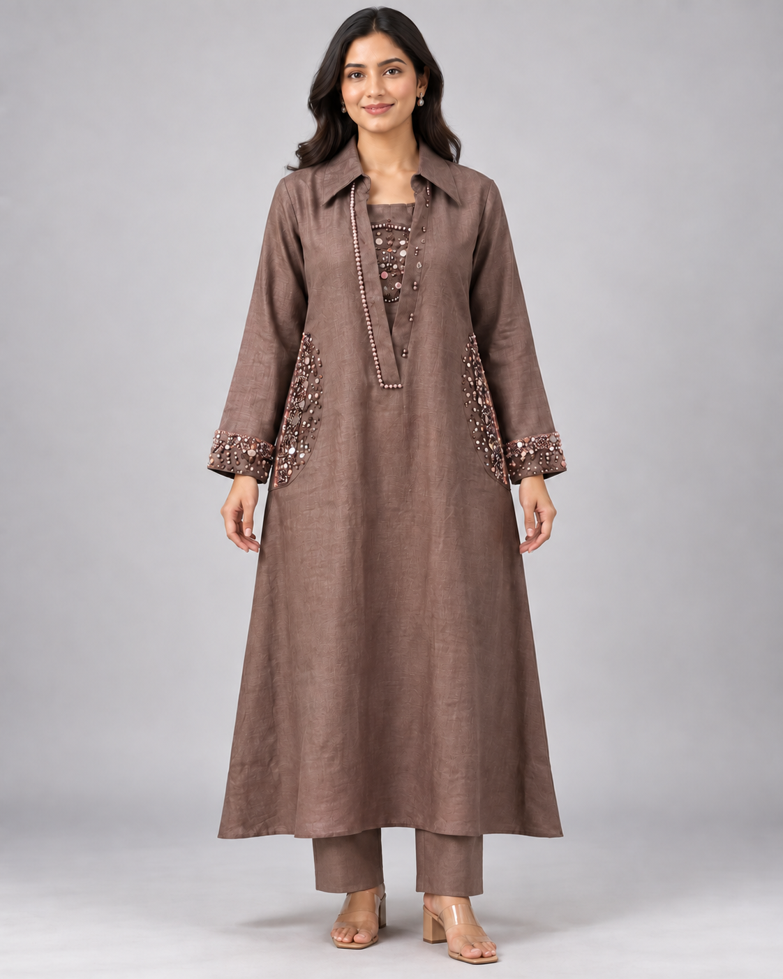 Brown Embellished A-Line Kurti with Collared Neckline