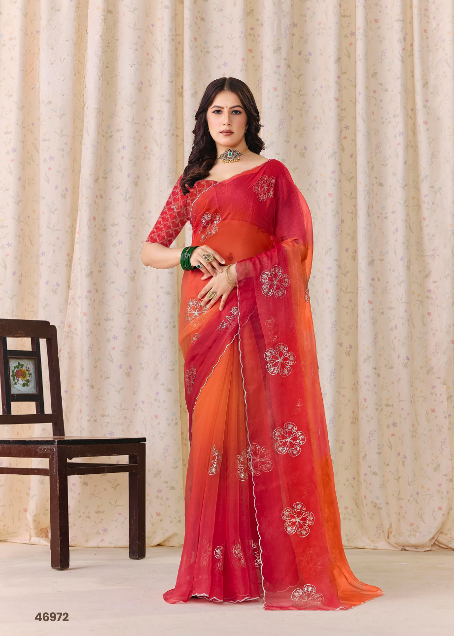 Vibrant Red Ombre Organza Silk Saree