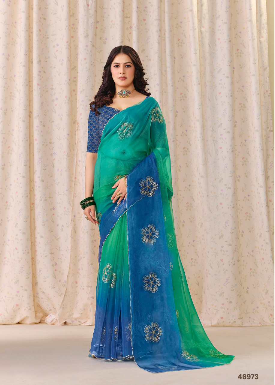 Royal Blue Ombre Organza Silk Saree Main image