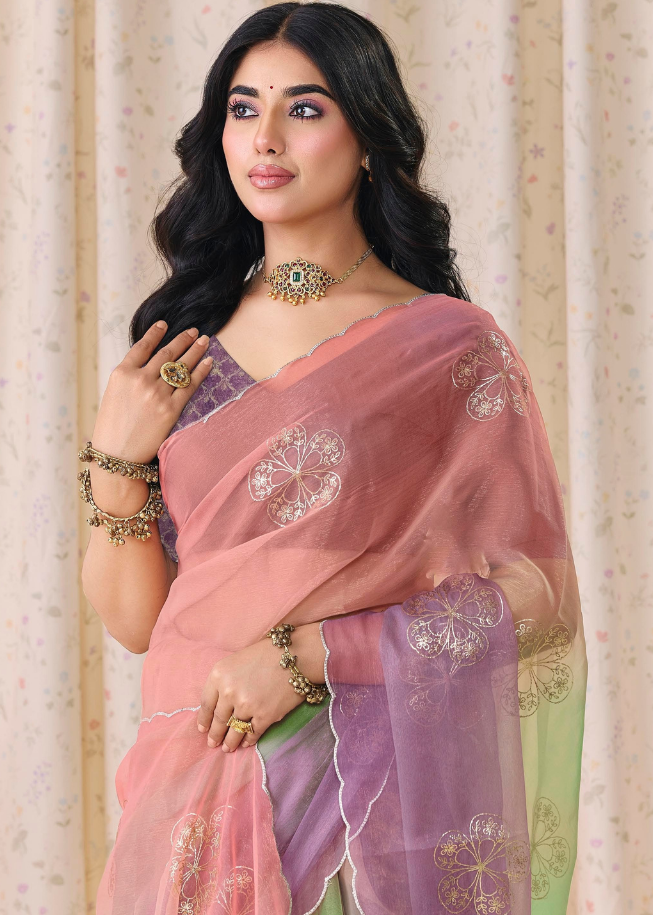 Multicolor Ombre Organza Silk Saree Secondary image
