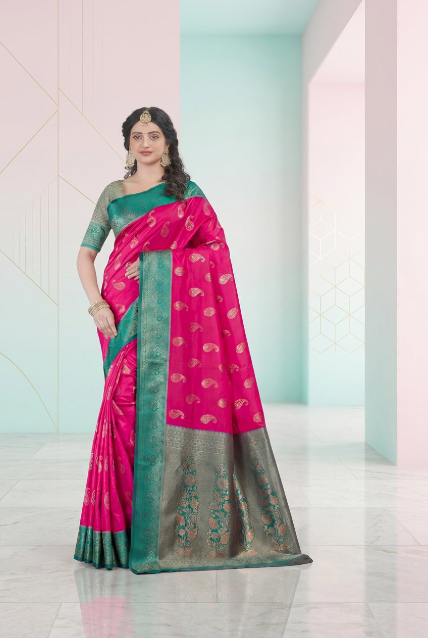 Rani Pink Contrast Kanjivaram Silk Saree