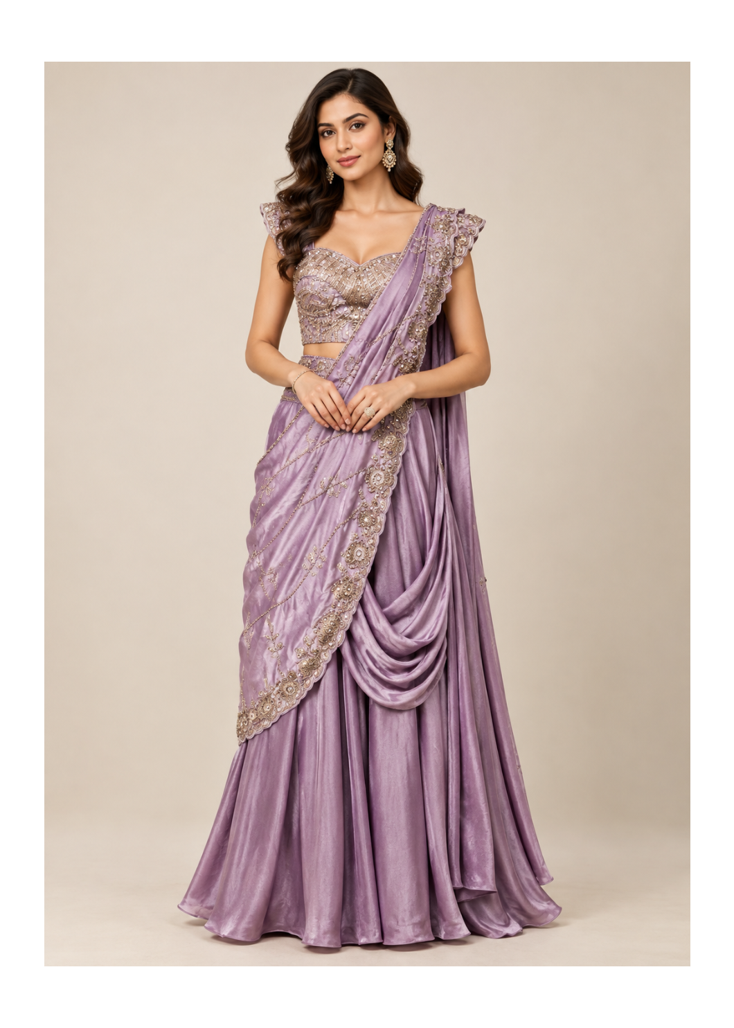Lavender Embellished Draped Lehenga Set