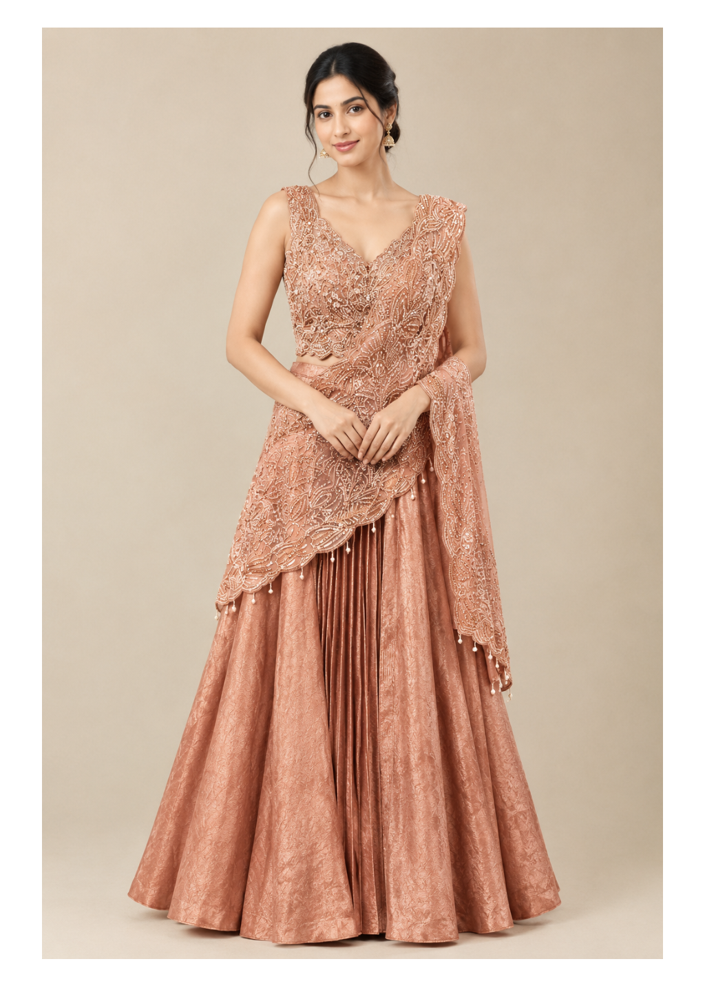 Rose Gold Pre-Draped Lehenga Saree with Pleated Center Insert Main image