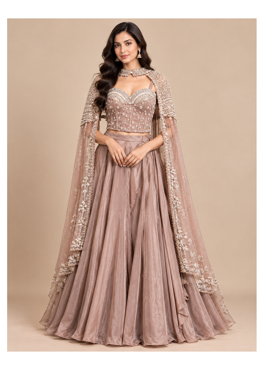 Dusty Mauve Crushed Tissue Lehenga Set with Pearl Corset & Cape Main image