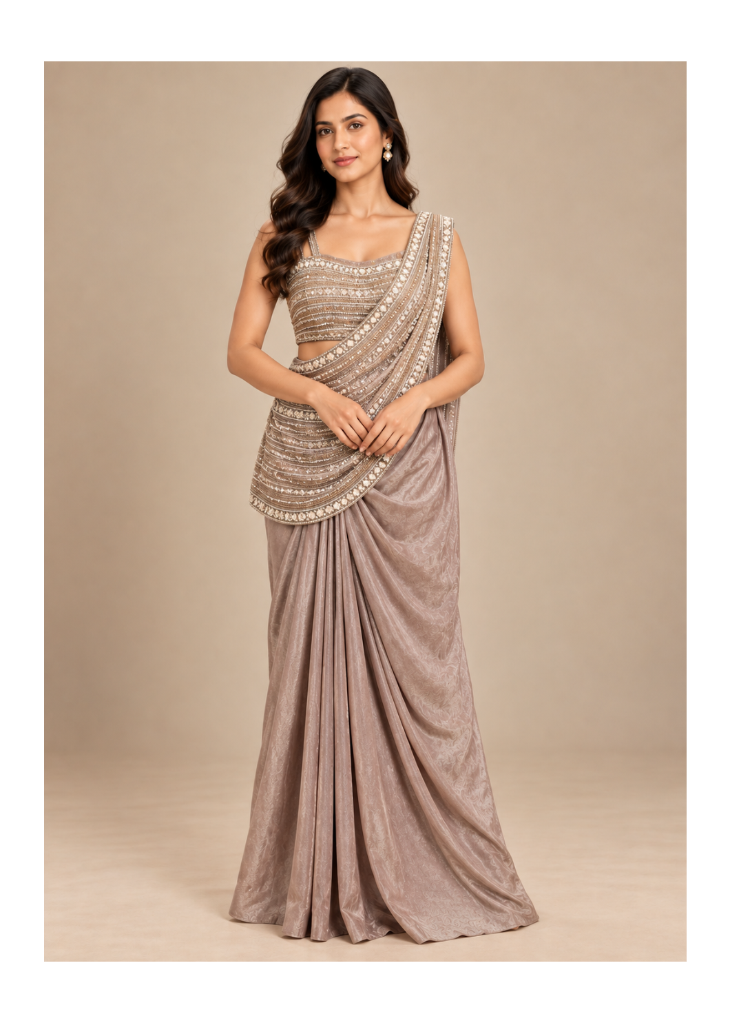 Dusty Taupe Pre-Draped Saree Set with Embroidered Waist Drape