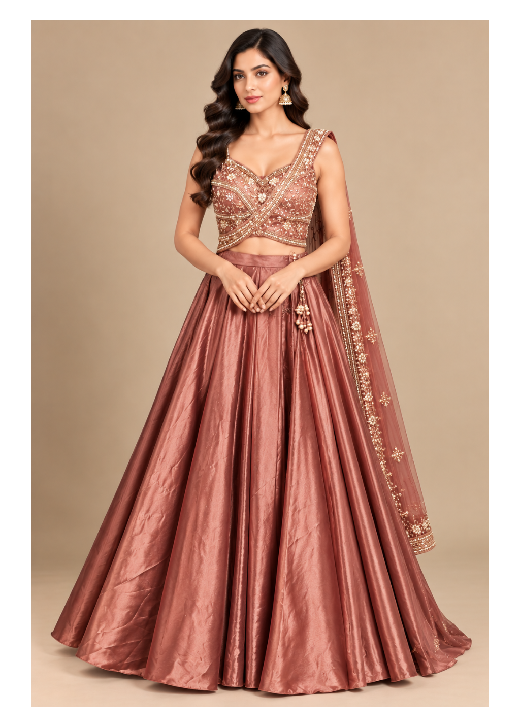 Metallic Chestnut Copper Tissue Silk Lehenga Set with Crossover Bustier