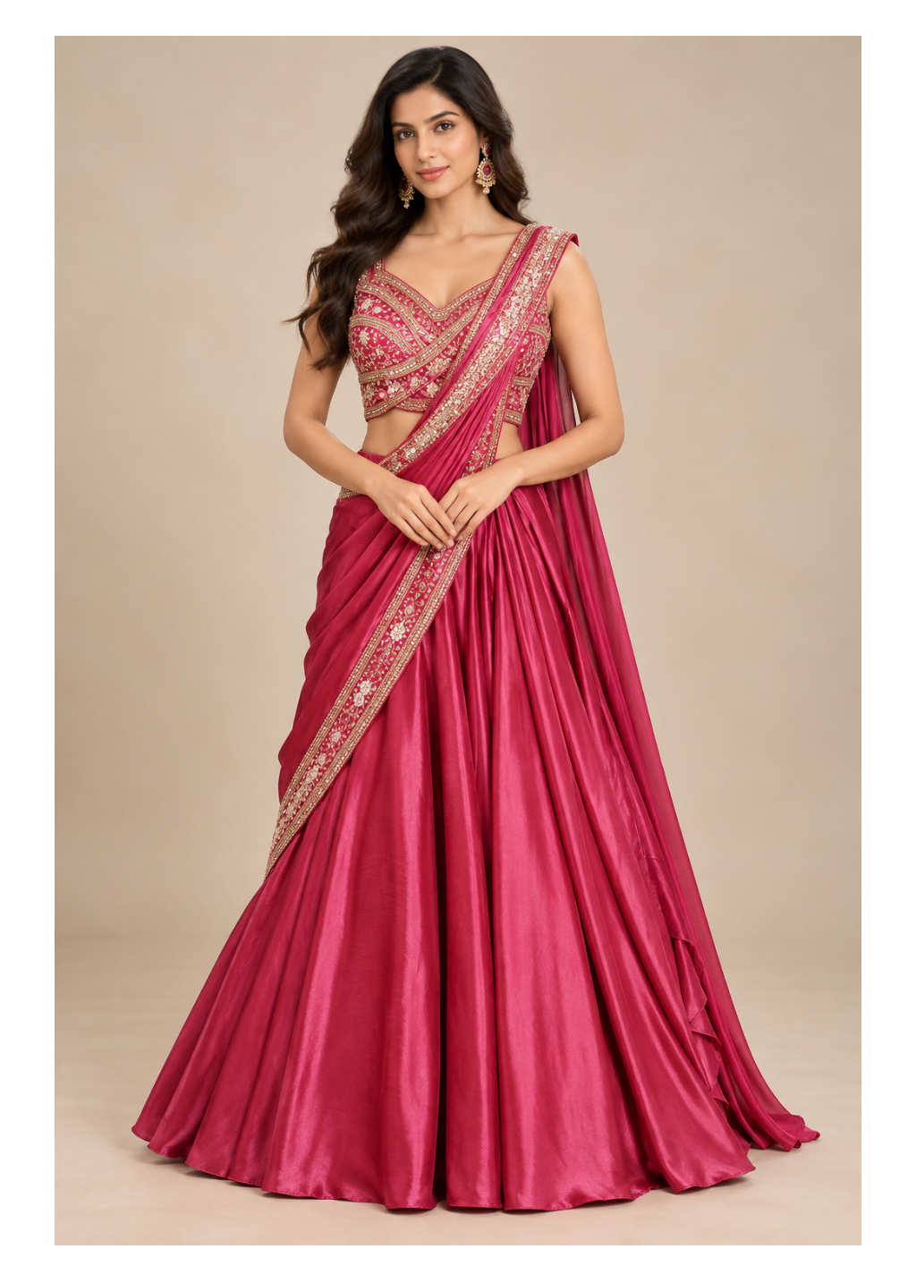 Rani Pink Embroidered Draped Lehenga Set Main image