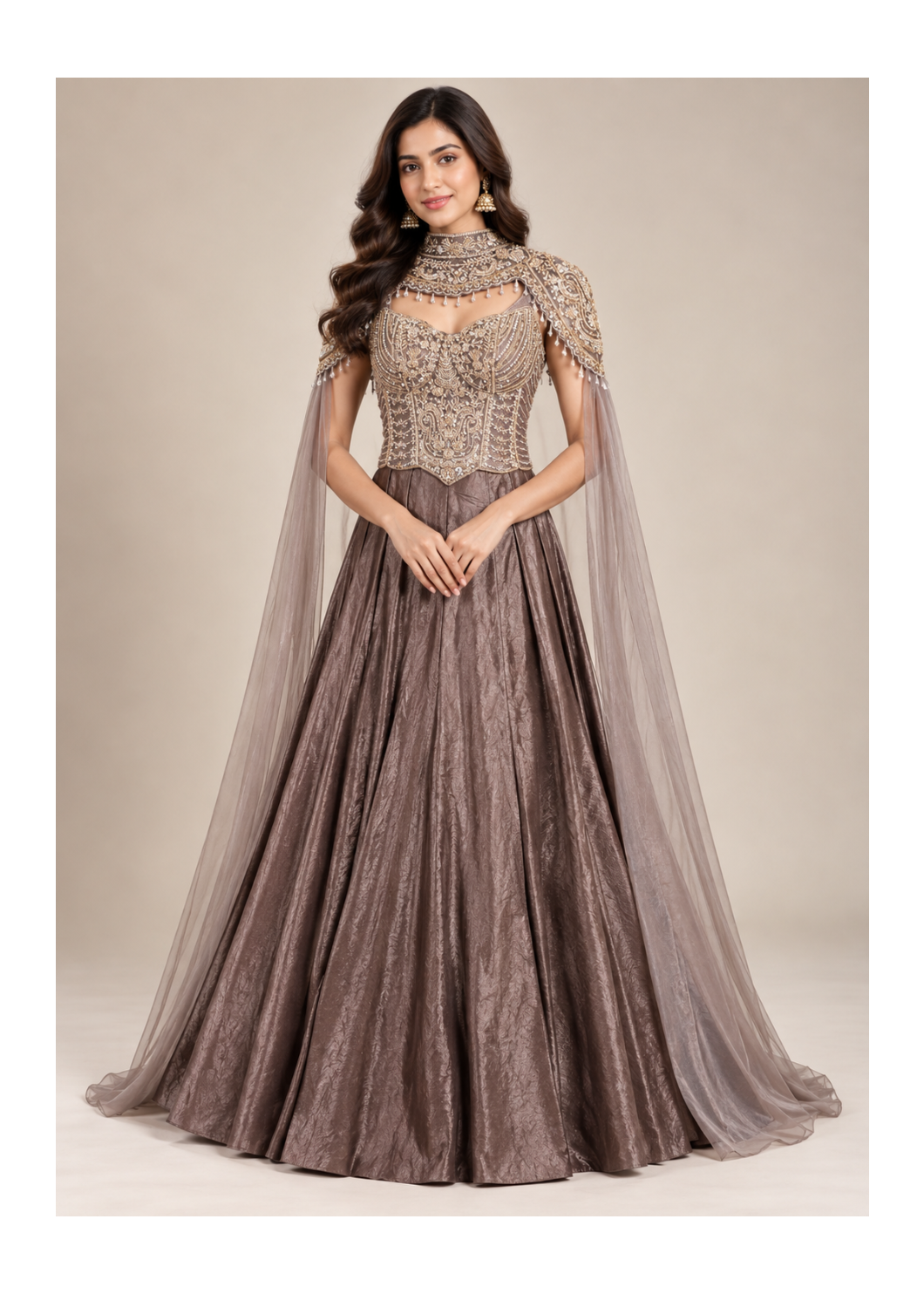 Taupe Brown Embroidered Cape Lehenga Set Main image