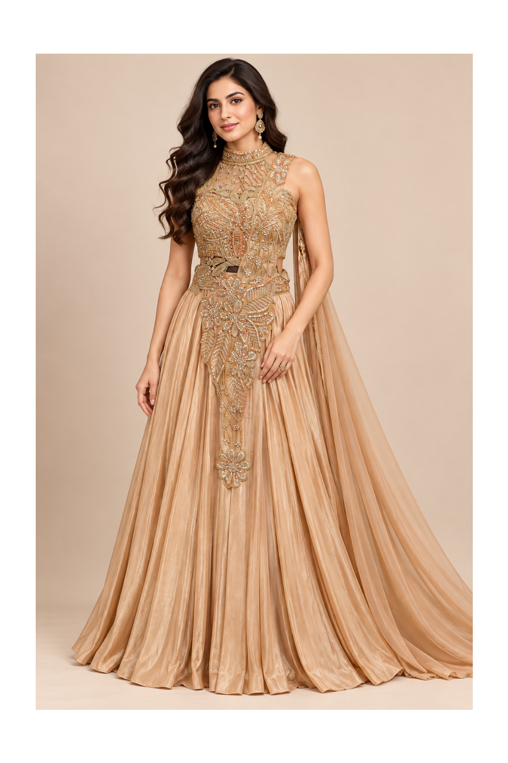 Champagne Gold Embroidered Cutout Gown