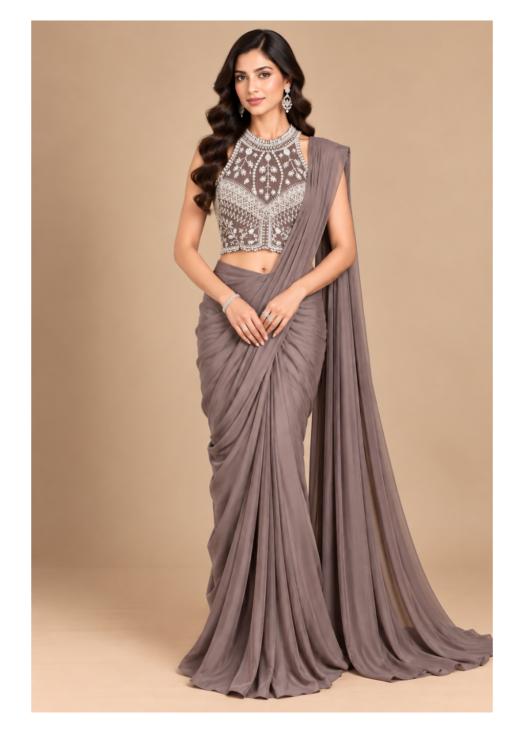 Dusty Mauve Pre-Draped Saree Set with Pearl Embroidered Halter Blouse