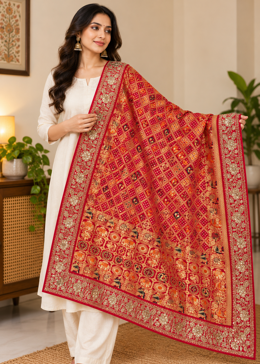 Red Bandhani Shikargah Brocade Silk Dupatta