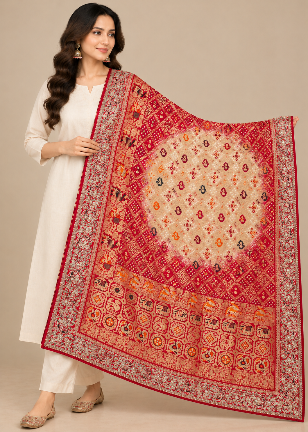 Red Bandhani Shikargah Zari Silk Dupatta