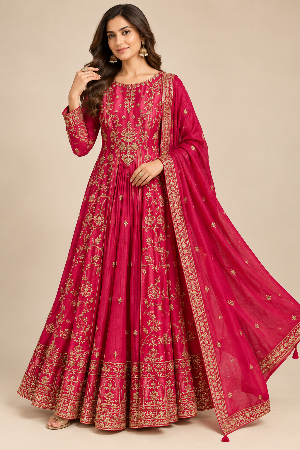 Rani Pink Hand-Embroidered Silk Kalidar Anarkali Gown Set with Dupatta