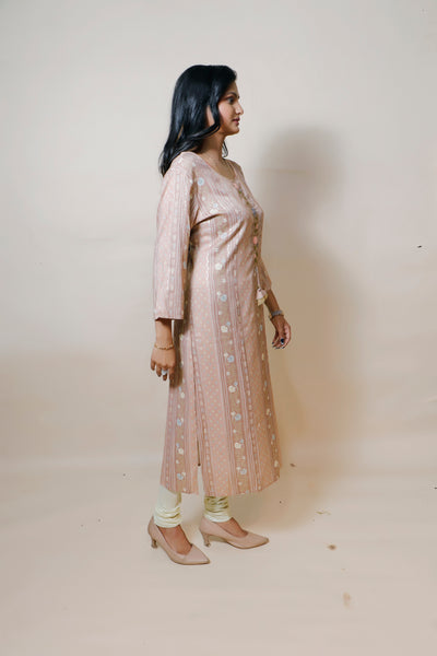 side view of woman wearing embroidered rayon kurti