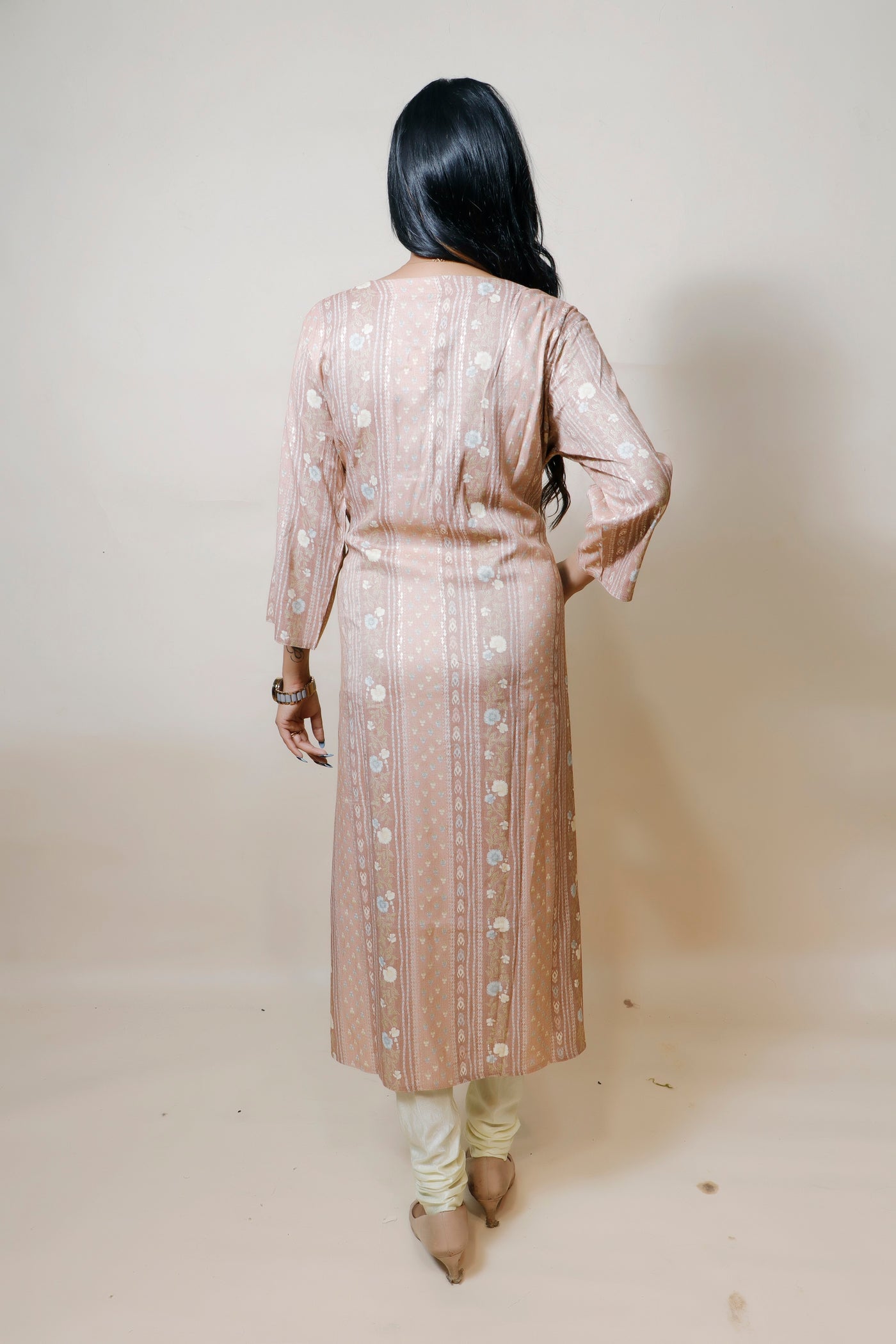full back look of embroidered rayon kurti